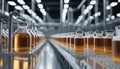 A row of glass bottles on a conveyor belt