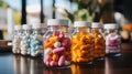 A row of glass bottles filled with colourful pills on the table in bright daylight Royalty Free Stock Photo