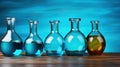 A row of glass bottles filled with different colored liquids. Generative AI image. Royalty Free Stock Photo