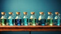 A row of glass bottles filled with different colored liquids. Generative AI image. Royalty Free Stock Photo