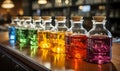 Row of Glass Bottles Filled With Liquid