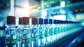 Row of Glass Bottles on Shelf in Pharmacology Production Conveyor. Bottles with medicines on the conveyor. Selective focus. Close-