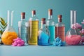 Row of Bottles Filled With Different Colored Liquids. Generative AI Royalty Free Stock Photo