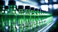 Row of Glass Bottles on Metal Shelf in a Pharmaceutical Production Line. Bottles with medicines on the conveyor. Selective focus.