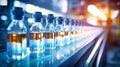 Row of Glass Bottles on Shelf - Pharmacy Bottling Conveyor Image. Bottles with medicines on the conveyor. Selective focus. Close-