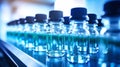 Row of Glass Bottles on Shelf - Pharmacy Bottling Conveyor Image. Bottles with medicines on the conveyor. Selective focus. Close-