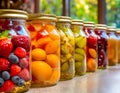 A row of glass jars filled with an assortment of canned fruits