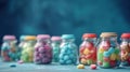 a row of glass jars filled with colorful candy beans on a table Royalty Free Stock Photo