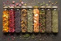 A row of glass jars filled with different types of herbs. Generative AI Royalty Free Stock Photo