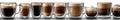 A row of glasses filled with different types of coffee Royalty Free Stock Photo