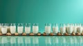 A row of glasses filled with milk and cookies. Generative AI image.