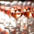 A row of glasses half filled with rose wine