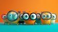 A row of gles huddled together in a circle ping around a monocle as they brainstorm quirky new fashion trends for their