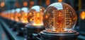 Row of glowing quantum computers with detailed circuit boards inside glass spheres. Futuristic tech processes data at high speed, Royalty Free Stock Photo