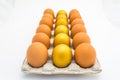 A row of golden eggs on an egg tray on white background Royalty Free Stock Photo