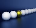 Row of Golf balls and golden ball in center