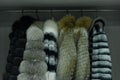Row of gray fur coats on the rack, clothing shop Royalty Free Stock Photo