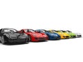 Row of great modern sports cars in various colors