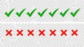 A row of green checkmarks and red crosses on a light gray checkered background Royalty Free Stock Photo