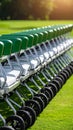 Row of green golf carts lined up on a sunny golf course with lush green grass Royalty Free Stock Photo