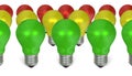 Row of green light bulbs in front of yellow and red ones Royalty Free Stock Photo