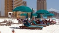 Lounge chairs and beach umbrellas Royalty Free Stock Photo