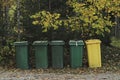 Row of green and yellow plastic trash bins standing on a roadside under autumn leaves