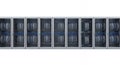 Data Center Server Racks with Rows of Servers in Gray Metallic Cabinets and Blue Cables on a White Background for Royalty Free Stock Photo
