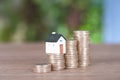 A row of growing euro coins and a miniature house mode Royalty Free Stock Photo