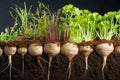 A row of growing root vegetables, soil cross section