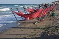 Row of hammocks on seashore in Vama Veche in Romania Royalty Free Stock Photo