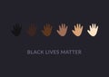 Row of hand palms colored from white to black with Black lives matter slogan. Anti racism and racial equality and tolerance banner