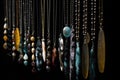 a row of hanging necklaces on a black background Royalty Free Stock Photo