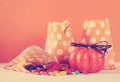 Row of Happy Halloween orange polka dot trick or treat paper bag Royalty Free Stock Photo