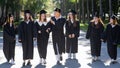 Row of happy young people in graduation gowns outdoors. Students are walking in the park. Royalty Free Stock Photo