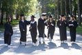 Row of happy young people in graduation gowns outdoors. Students are walking in the park. Royalty Free Stock Photo