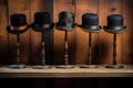 A row of hats neatly arranged on top of a wooden shelf, Bowler hats on an old wooden rack, AI Generated Royalty Free Stock Photo