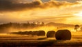 Row of Hay Bales on a Golden Beautiful Landscape - Generative Ai