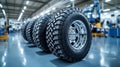 Row of Heavy-Duty Truck Tires in Modern Factory Generative AI