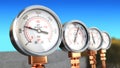 Row of high pressure gas gauge meters. Oil and gas fuel manometers