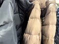 Row of hooded down jackets in store Royalty Free Stock Photo
