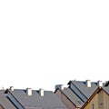 Row house roofs, large detailed isolated roofscape, condo rowhouse rooftop detail, multiple condos, colorful closeup Royalty Free Stock Photo