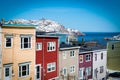 Row Houses in downtown St. John's, Newfoundland Canada. Shows Signal Hill and the Atlantic Ocean.
