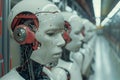 A row of humanoid robot heads on an assembly line. Generative AI Royalty Free Stock Photo