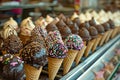 A row of ice cream cones with caramel sauce on to