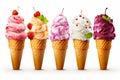 Row of ice cream cones with different flavors of ice cream. Generative AI Royalty Free Stock Photo