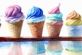 A Row Of Ice Cream Cones Sitting On Top Of A Table. Generative AI Royalty Free Stock Photo
