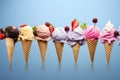 Row of ice cream cones with various flavors. Perfect for summer-themed projects or dessert-related content Royalty Free Stock Photo