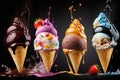 Row of ice cream scoops and cones against black background . AI generated Illustration Royalty Free Stock Photo