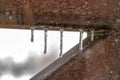 Row of icicles on the metal rails of a bridge